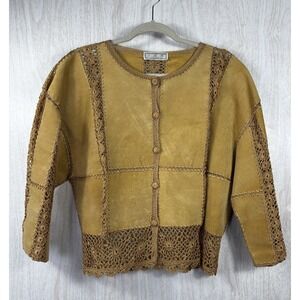 Vintage SMH Boutique Suede Leather Crochet Patchwork Jacket Large Boho 90s!